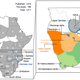 The left map shows the distribution of ancestral DNA among the sampled population. This allowed the ancestral homeland to be pinpointed to a region (shown on the right in pale orange) south of the Zambezi River, centred on northern Botswana